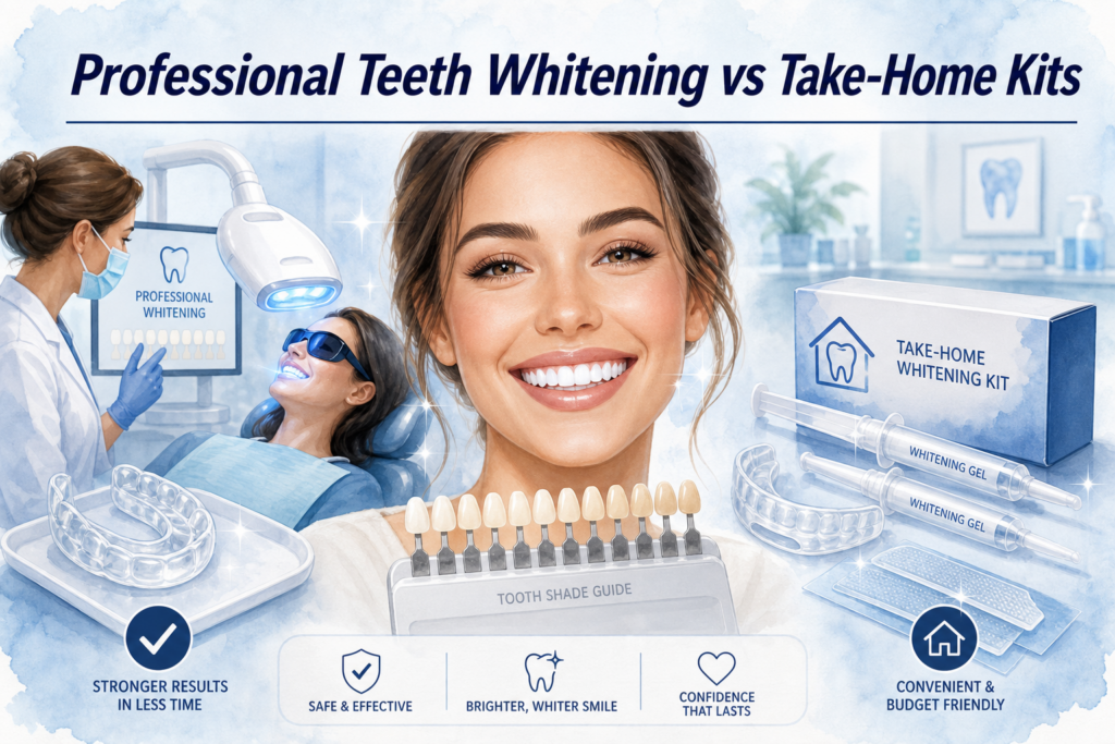 Featured image for professional teeth whitening versus take-home kits blog post