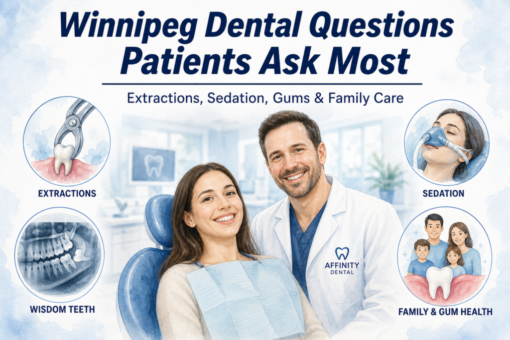 Featured image for Winnipeg dental questions patients ask most about extractions, sedation, gums, and family care